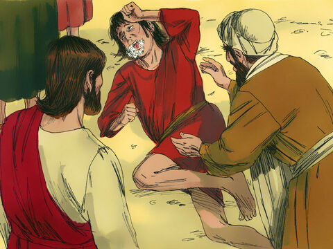 जब आत्मा ने यीशु को देखा, तो उसने तुरन्त लड़के को मरोड़ दिया। वह जमीन पर गिर पड़ा और लोटने लगा, जिससे उसके मुंह से झाग निकल रहा था। – Slide número 5