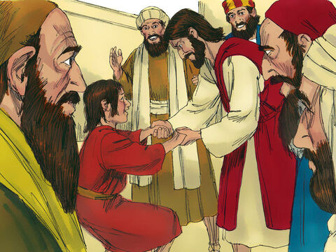 लेकिन यीशु ने उसे हाथ पकड़कर उठाया और वह अपने पावों पर खड़ा हो गया। – Slide número 10