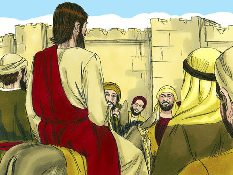वे उस को यीशु के पास लेके आए और अपने कपड़े उस गधे पर डालकर यीशु को उस  पर सवार किया। – Slide número 6
