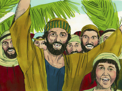 लोग चिल्लाते हुए यीशु के आगे दौड़े, 'दाऊद के पुत्र को होशाना!' (होसन्ना का अर्थ है 'बचाओ')। अन्य चिल्लाए, 'धन्य है वह जो प्रभु के नाम से आता है!' – Slide número 8