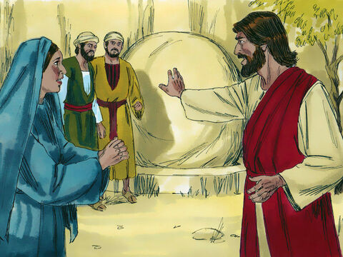 यीशु को कब्र पर ले जाया गया। यह एक गुफा थी जिसके दरवाजे पर एक भारी पत्थर लुढ़का हुआ था। यीशु ने उनसे कहा, 'पत्थर को एक तरफ लुढ़काओ। मारथा ने विरोध किया, 'अब तक तो बहुत दुर्गन्ध आएगी, क्योंकि उसे मरे हुए चार दिन हो गए हैं।' – Slide número 10