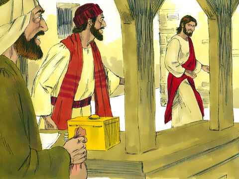 वहां से आगे बढ़कर यीशु ने मत्ती से कहा, मेरे पीछे हो ले वह उठकर सबकुछ छोड़कर उसके पीछे हो लिया। – Slide número 3