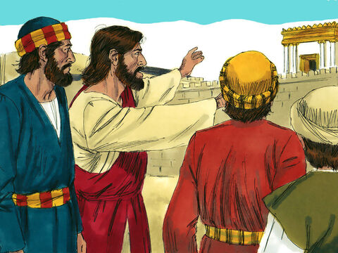 यीशु जैतून के पहाड़ पर रह रहे थे और सुबह-सुबह उन्होंने यरूशलेम में मंदिर की यात्रा की। – Slide número 1