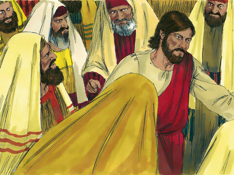 परन्तु यीशु मुड़ा और क्रोधित भीड़ के बीच से चला गया और अपने रास्ते चला गया। – Slide número 11