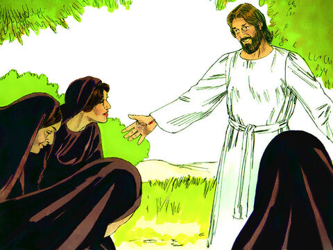 अचानक यीशु उनसे मिले। 'अभिवादन,' उसने कहा। वे उसके निकट आए, उसके चरण पकड़ लिए और उसकी वंदना की। 'डरो मत,' यीशु ने उनसे कहा। 'जाओ और मेरे भाइयों से कहो कि गलील चले जाओ और वे मुझे वहाँ देखेंगे।' – Slide número 8