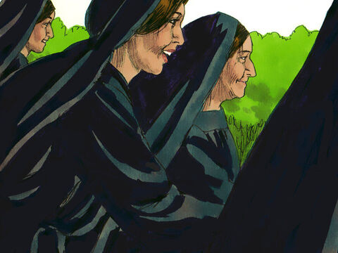 औरतें चेलों को यह बताने के लिए दौड़ी चली आयीं कि यीशु जीवित हैं। लेकिन शिष्यों को उनकी बात पर विश्वास नहीं हुआ। पतरस और यूहन्ना यह देखने के लिए कि क्या हुआ था कब्र की ओर दौड़े। – Slide número 9