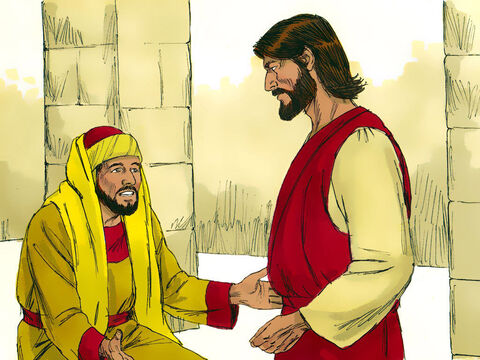 एक मनुष्य यीशु के पास आया, घुटने टेककर पूछा, 'अच्छे गुरु, मुझे कौन सा अच्छा काम करना चाहिए कि अनंत जीवन पाऊँ?' – Slide número 1