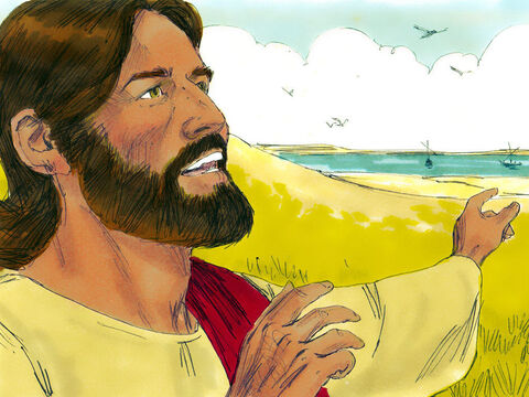 दिन भर के उपदेश के बाद जब शाम हुई तो यीशु ने अपने चेलों से कहा, 'आओ, गलील झील के उस पार चलें।' – Slide número 1