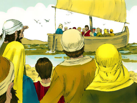 वे भीड़ को पीछे छोड़कर नाव में बैठ गए और चल पड़े। – Slide número 2