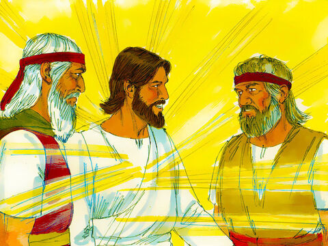 दो पुरुष, मूसा और एलिय्याह, शानदार महिमा में यीशु के साथ बात करते हुए दिखाई दिए। उन्होंने उन बातों के बारे में बात की जो पवित्रशास्त्र को पूरा करने के लिए यीशु के साथ होने वाली थीं। – Slide número 5