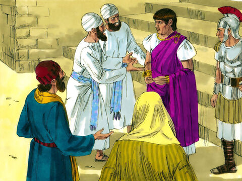 भोर होते ही प्रधान याजकों और पुरनियों ने यीशु को बांधकर रोमी राज्यपाल पीलातुस के पास ले गए। – Slide número 1
