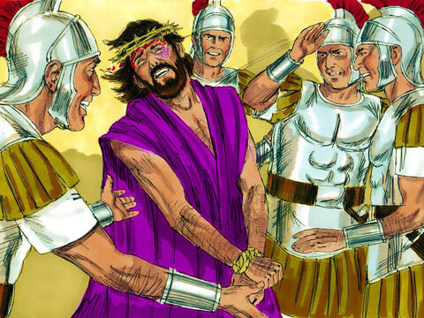 तब हेरोदेस ने ठट्ठा करके यीशु को राजकीय वस्त्र पहिनाया, और उसके सिर पर कांटों का ताज रखा। हेरोदेस के सैनिकों ने यीशु का उपहास किया और उसे मारा। – Slide número 8