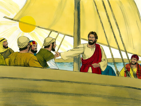 भयानक तूफान को शांत करने के बाद, यीशु और उसके शिष्यों ने गलील झील के पार अपनी यात्रा जारी रखी। – Slide número 1
