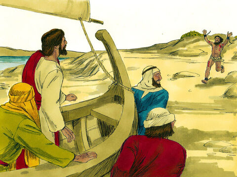 जब यीशु और उसके चेलों ने अपनी नाव किनारे पर खींची। वह उनकी ओर दौड़ा। – Slide número 5
