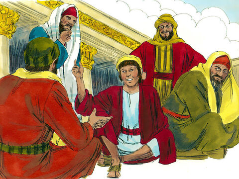 तीन दिन ढूंढ़ने के बाद वे अचानक मंदिर में गए और वहॉं उन्होंने उसे शास्त्रियों के साथ बैठे हुए पाया। – Slide número 6