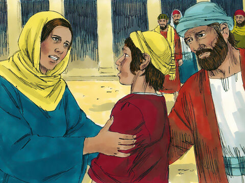 मरियम ने उससे पूछा, ‘पुत्र तूने हमारे साथ ऐसा क्यों किया?’ युसुफ और मैं तुझे कितने परेशान होकर ढूँढ रहे है। – Slide número 8