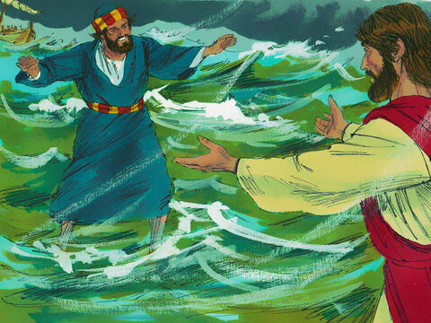 पतरस नाव से उतरा और यीशु की ओर चलने लगा। लेकिन जब उसने हवा की आवाज सुनी और लहरों को देखा तो उसे संदेह हुआ कि वह कैसे पानी पर चल सकता है। – Slide número 8