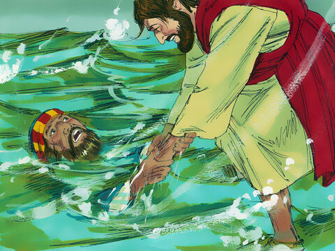 यीशु ने अपना हाथ बढ़ाकर उस थाम लिया और पतरस से कहा ‘हे अल्पविश्वासी तूने संदेह क्यो किया?’ यीशु ने पतरस को नाव में खींच लिया और आप भी नाव मे चेलों के पास चढ़ गया। – Slide número 10