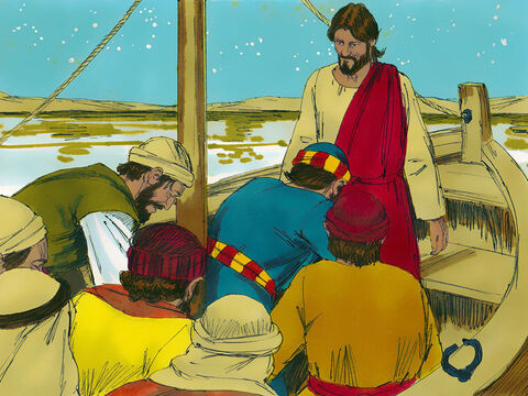 चेले बहुत चकित हुए और यीशु की आराधना करने लगे। उन्होंने कहा, 'आप वास्तव में ईश्वर के पुत्र हैं।' लगभग तुरंत ही नाव किनारे पर पहुँच गई। – Slide número 11