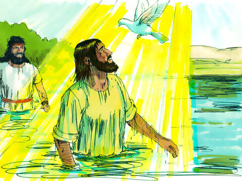 ज्यों ही यीशु जल में से ऊपर आया, आकाश खुल गया, और उसने परमेश्वर के आत्मा को कबूतर के रूप में उतरते देखा। स्वर्ग से एक आवाज आई, 'यह मेरा प्रिय पुत्र है, और मैं उससे बहुत प्रसन्न हूं।' युहन्ना ने लोगों से कहा, 'जब परमेश्वर ने मुझे बपतिस्मा देने के लिए भेजा तो उसने मुझसे कहा, 'जब तुम पवित्र आत्मा को उतरते और किसी पर विश्राम करते देखते हो- वह वही है जिसकी तुम तलाश कर रहे हो। वही पवित्र आत्मा से बपतिस्मा देता है।” मैंने देखा कि यह यीशु के साथ हुआ, और मैं गवाही देता हूं कि वह परमेश्वर का पुत्र है।' – Slide número 9