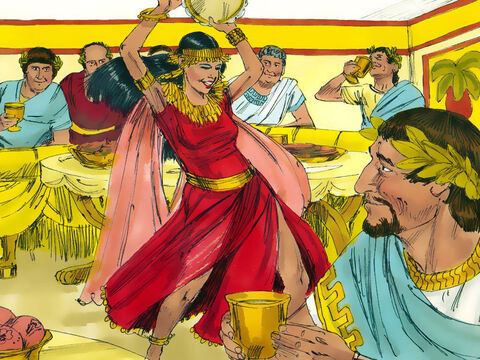 उत्सव में, हेरोदियास की बेटी सलोमी ने रात के खाने के मेहमानों के लिए नृत्य किया। उसके नृत्य ने सभी को मंत्रमुग्ध कर दिया और हेरोदेस एंटिपास को प्रसन्न किया जो उसे पुरस्कृत करना चाहता था। – Slide número 6