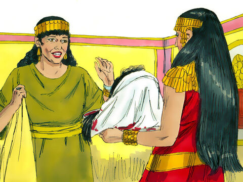 जल्लाद यूहन्ना का सिर भोज में मेहमानों को दिखाने के लिए एक थाली में ले आया। हेरोदेस ने इसे सलोमी को भेंट किया जिसने इसे उसकी माँ को दे दिया। – Slide número 11