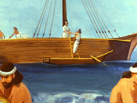 वह स्पेन में तर्शीश की ओर जाने वाली एक नाव पर सवार हो गया, वह नीनवे से जितना हो सके दूर जाना चाहता था। – Slide número 11