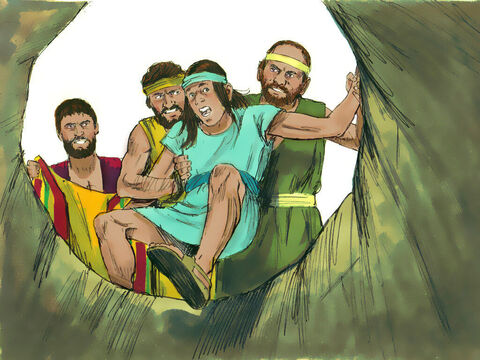 इसलिए जब यूसुफ आया तो उसके भाइयों ने उसके अंगरखा उतार कर उसे एक खाली कुएं में फेंक दिया। – Slide número 11
