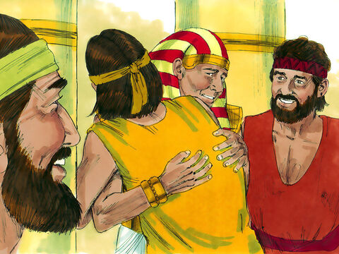 उसने खुशी से रोते हुए बिन्यामीन को गले लगा लिया। तब यूसुफ ने अपने भाइयों को चूमा, और उनके सामने रोया। इसके बाद भाई उससे खुलकर बातें करने लगे। – Slide número 17