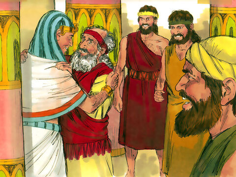 यूसुफ अपने पिता से मिलने के लिए गोशेन गया। वे गले मिले और यूसुफ रोया, अपने पिता को बहुत देर तक पकड़े रहा। – Slide número 21