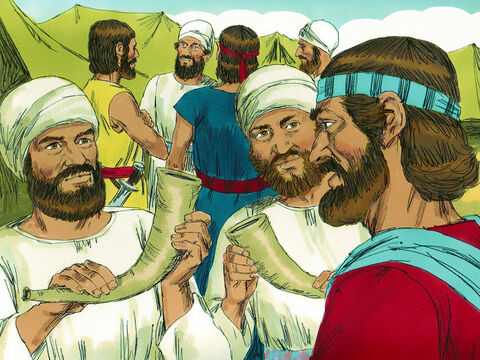 यहोशू ने याजकों को निर्देश दिया कि वे वाचा का सन्दूक तैयार करें और तुरहियों को ले जाने के लिए सात को चुनें। – Slide número 3