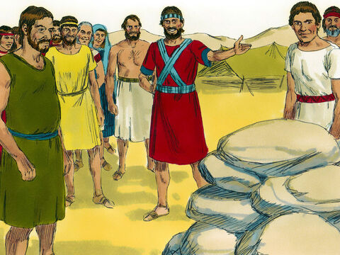 गिलगाल नामक स्थान पर यहोशू ने बारह आदमियों को उन बड़े पत्थरों को स्थापित करने का निर्देश दिया जो वे नदी के तल से एक स्मारक के रूप में लाए थे। – Slide número 7