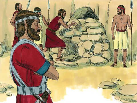 तब यहोशू ने कहा, 'गुफा के द्वार पर की चट्टानें हटाकर उन पांचों राजाओं को मेरे पास ले आओ।' – Slide número 12