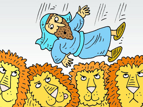 दानिय्येल को सिंहों की मांद में फेंक दिया गया। वह डरता नहीं था। उन्होंने सिर्फ परमेश्वर से प्रार्थना की। राजा सो नहीं सका। वह बहुत दुखी था। सुबह उसने शेरों की मांद में देखा। – Slide número 7