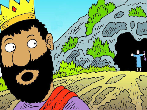 जब राजा गुफा से निकला तो दाऊद चिल्लाया, 'राजा शाऊल, मैं तुम्हें मार सकता था, जबकि तुम सो रहे थे, लेकिन मैंने केवल तुम्हारा कोट काटा। देखो मैं कितना करीब था।' – Slide número 7