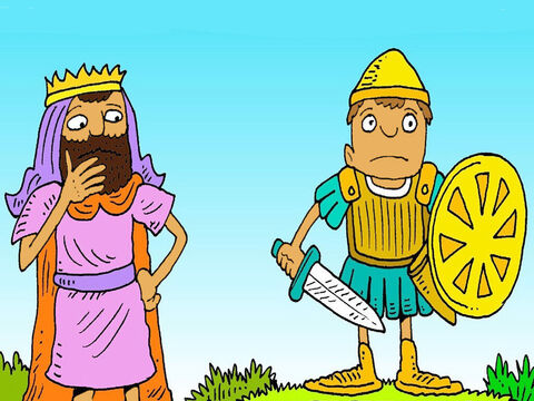 राजा चाहता था कि दाऊद उसका कवच पहने, परन्तु वह बहुत बड़ा था! 'मैं इसे नहीं पहन सकता,' उन्होंने कहा, 'मैं केवल अपनी गोफन से पत्थर फेंकना जानता हूं।' – Slide número 4