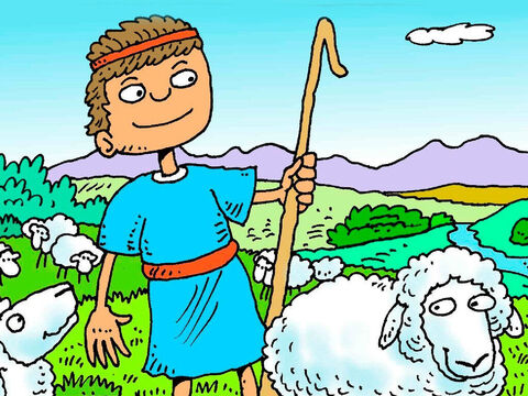 दाऊद अपने पिता की भेड़ों की देखभाल करता था। भेड हरी घास खाना और ताजा पानी पीना पसंद करती थी और जब दाऊद उन्हें बुलाता था तो वे उसके पीछे हो लेती थी। – Slide número 2