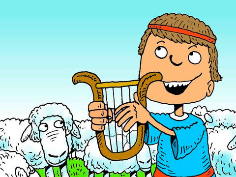 दाऊद भेड़ों की रक्षा करते हुए वीणा बजाता और परमेश्वर के स्तुति के गीत गाता था। दाऊद के कई गीत बाइबल में पाए जाते हैं और उन्हें भजन संहिता कहा जाता हैं – Slide número 8