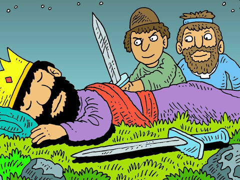 राजा शाऊल और उसकी रक्षा करने वाले सैनिक भी गहरी नींद में थे। वे इतनी गहरी नींद में थे कि उठे नहीं। – Slide número 4