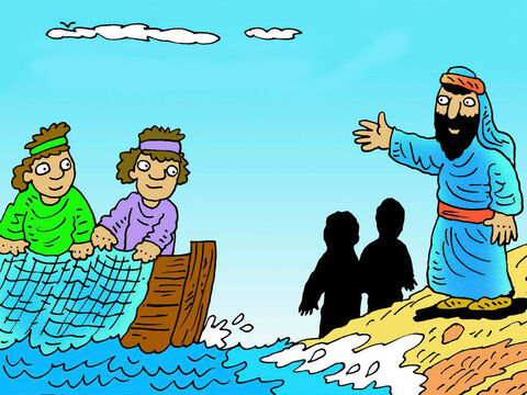 यीशु मसीह के पहले चार शिष्य थे। शमौन (पतरस) और अन्द्रियास ने अपने मछली पकड़ने और अपने परिवारों को छोड़ दिया और यीशु मसीह के पीछे हो लिए। – Slide número 2