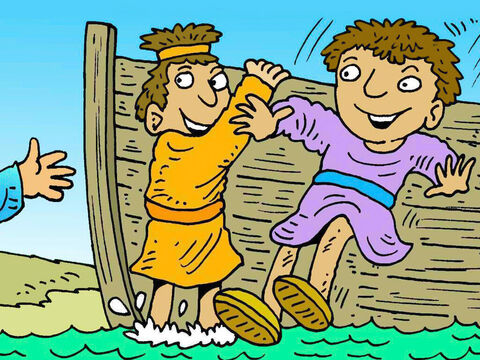 याकूब और यूहन्ना अपनी नाव में गलील के समुद्र पर थे, अपने पिता जब्दी के साथ मछली पकड़ रहे थे, जब यीशु मसीह ने उन्हें अपने पीछे चलने के लिए बुलाया। तुरंत, वे यीशु मसीह के पीछे हो लिए। – Slide número 3