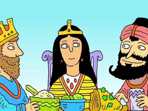 विशेष भोजन के समय, रानी एस्तेर ने अपने पति राजा को हामान की योजना के बारे में बताया। राजा बहुत क्रोधित हुआ। – Slide número 6