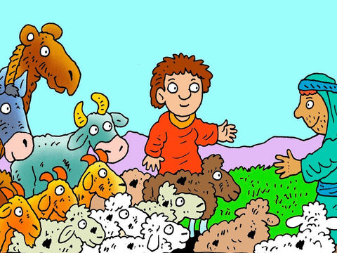 याकूब ने अपने सेवकों को एसाव के लिए उपहार के रूप में जानवरों के कई झुंडों के साथ आगे भेजा - ऊंट, बकरी, भेड़, गाय और गदहे, सभी अपने बच्चों के साथ। – Slide número 6