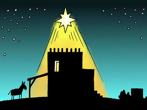 उस रात बालक यीशु, वादा किया गया उद्धारकर्ता, बेतलेहेम में एक अस्तबल में पैदा हुआ। जिस स्थान पर यीशु मसीह का जन्म हुआ था।, उसके ठीक ऊपर आकाश में एक बहुत चमकीला तारा दिखाई दिया। – Slide número 7
