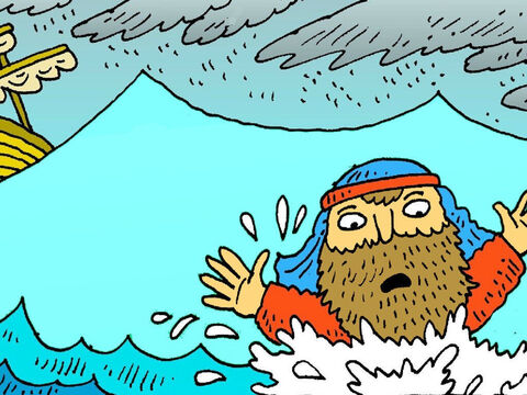 एक बड़ा तूफान नाव को हिलाने लगा। नाविक डर गए। योना जानता था कि परमेश्वर ने तूफान भेजा है। उसने नाविकों से कहा कि उसे समुद्र में फेंक दो। – Slide número 4