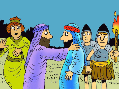 यहूदा यीशु मसीह को खोजने के लिए मंदिर के पहरेदारों को जैतून के पहाड़ पर ले गया। जब यहूदा गाल पर चुंबन के साथ यीशु मसीह का अभिवादन करने गया, यह दिखाने के लिए कि किसे गिरफ्तार करना है। यीशु मसीह ने पूछा, 'यहूदा क्या तुम मुझे चूमकर पकड़वाओगे?' – Slide número 6