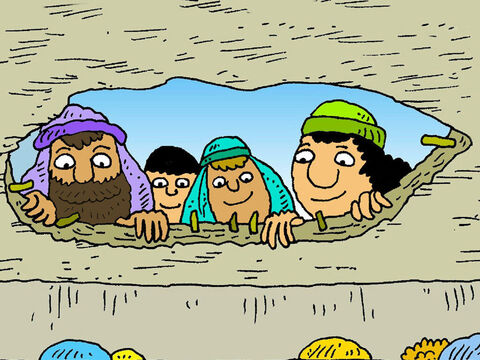उसके दोस्तों ने छत में छेद कर दिया। उन्होंने नीचे देखा। सब लोग ऊपर देख रहे थे! उसके मित्र भी यीशु को देख सकते थे! – Slide número 5