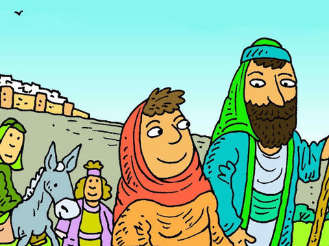 जब घर जाने का समय हुआ तो सभी परिवार एक साथ चले गए। यूसुफ और मरियम ने सोचा कि यीशु अपने कुछ मित्रों के साथ चल रहा है। – Slide número 5