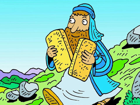 मूसा दो नए पत्थरों के साथ फिर से पहाड़ पर वापस चला गया। परमेश्वर ने मूसा को फिर से नये नियम दिये। परमेश्वर ने कहा, 'लोगों से कहो कि वे इन अच्छे नियमों के अनुसार रहें।' – Slide número 5