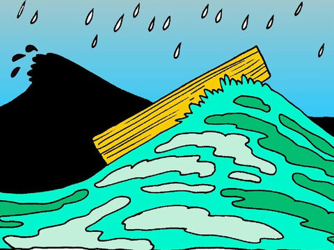 परमेश्‍वर ने दरवाज़ा बंद कर दिया और बारिश होने लगी। पानी और भी गहरा होता गया। लेकिन नूह, उसका परिवार और जानवर जहाज़ के अंदर सुरक्षित और सूखे थे। – Slide número 5